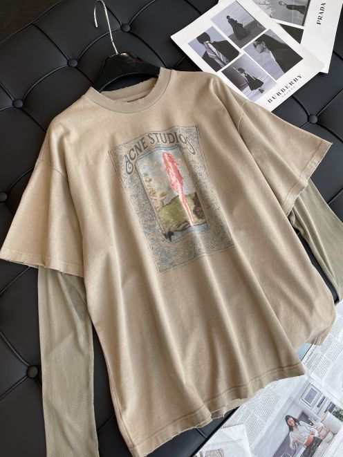 魅せる アクネストゥディオズ tシャツ サイズ感偽物 純綿 フェイクレイヤード トップス 短袖 ファッション 通気性いい ブラウン