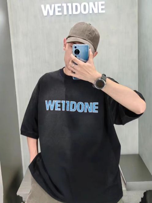 WE11DONE ウェルダン英語激安通販 Tシャツ 純綿トップス 青い文字プリント 半袖 柔らかい メンズ ブラック