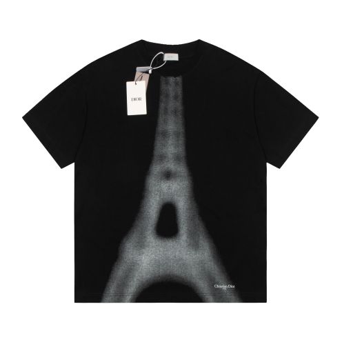 dior ミッキー tシャツＮ級品 短袖 トップス 純綿tシャツ 鉄塔プリント ゆったり 男女兼用 ファッション ブラック