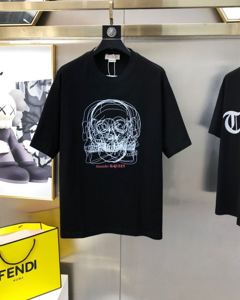 アレキサンダーマックイーン tシャツ激安通販 トップス 短袖 髑髏プリント 純綿 ゆったり メンズ 丸首 ブラック