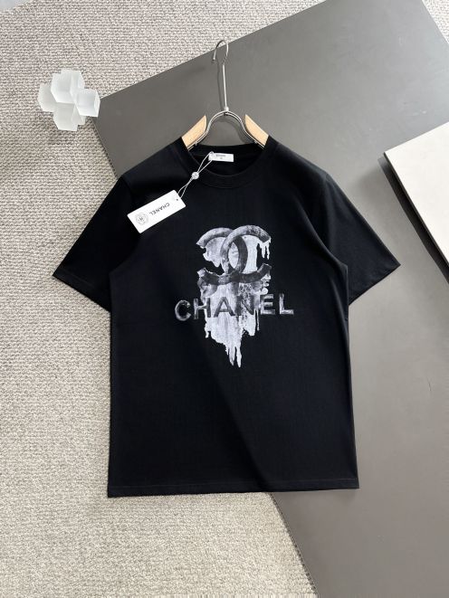 chanel ティー シャツ激安通販 純綿 トップス 丸首 半袖 プリント 柔らかい シンプル 最新品 ブラック