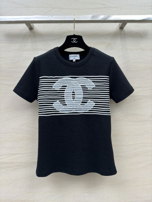 爆買い大得価 chanel メンズ t シャツコピー 半袖 トップス  純綿 柔らかい 縞 刺繍 シンプル ロゴプリント ブラック