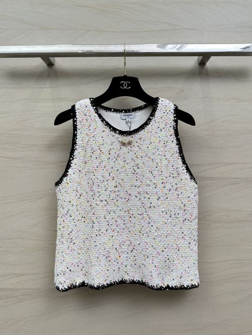 chanel boutique t シャツスーパーコピー 無袖 トップス 純綿 ジレー シンプル キラキラ 高級感 ホワイト