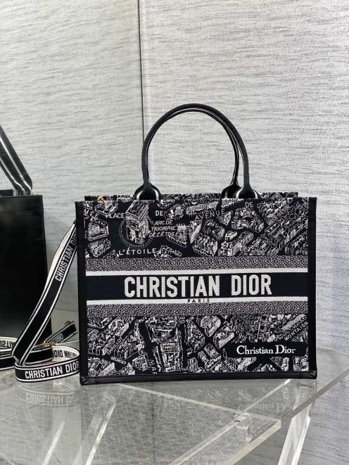 華やかなdior バッグコピー プリント ハンドバッグ 大容量 レザー トートバッグ 刺繡 ブラック