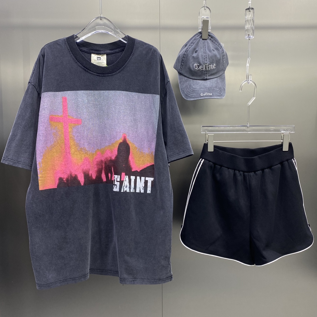 SAINTMICHAEL マイユtシャツ激安通販 柔らかい トップス 純綿 半袖 プリント 男女兼用 ファッション ブラック_1