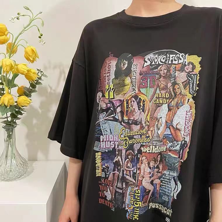 24年夏新款 ウェルダン英語コピー トップス 純綿Tシャツ ゆったり プリント ファッション 人気 ブラック_3