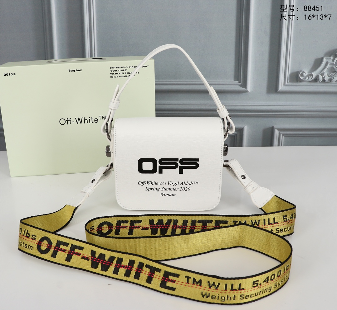 OFFWHITEオフホワイト アメリカ偽物 斜め掛け 持ちバッグ 黄色肩紐 レディース プリント 人気 レザー ホワイト_1