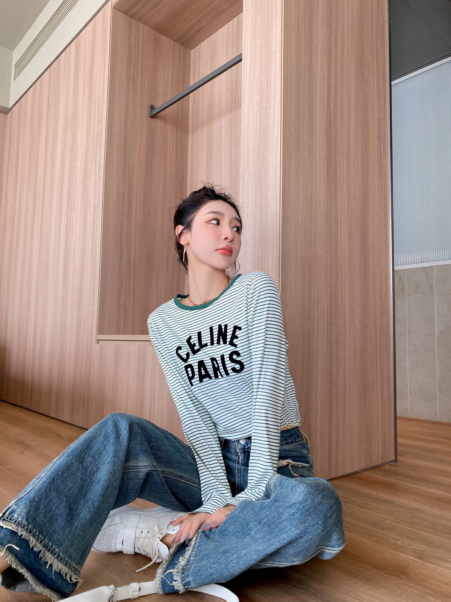 celineセリーヌ メッシュ t シャツコピー トップス 長袖 純綿 シンプル 日常服 カジュアル 緑ネック 品質保証 グレイ_6