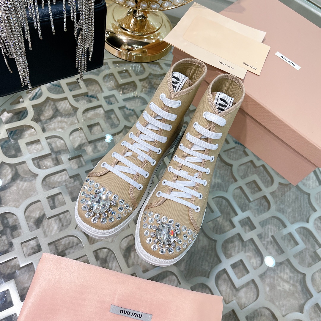 miumiu 厚底 靴Ｎ級品 カジュアルシューズ ダイヤモンド飾り ファッション 運動シューズ 牛革 ハイカット ブラウン_1