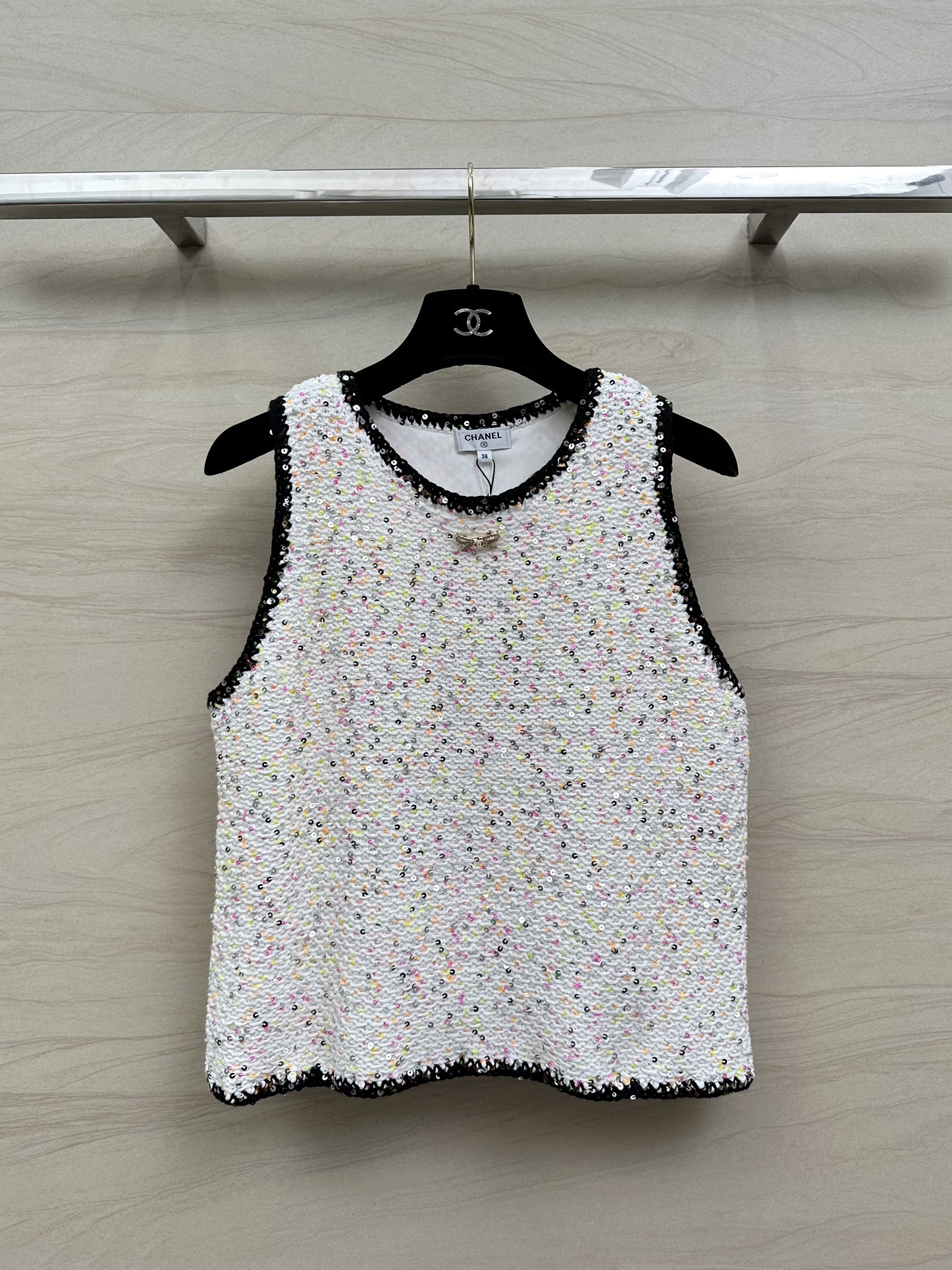 chanel boutique t シャツスーパーコピー 無袖 トップス 純綿 ジレー シンプル キラキラ 高級感 ホワイト_1