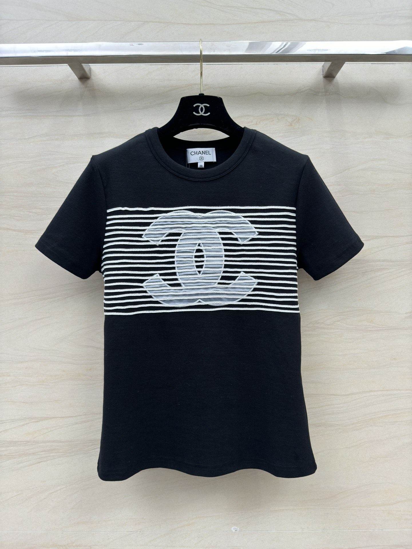 爆買い大得価 chanel メンズ t シャツコピー 半袖 トップス  純綿 柔らかい 縞 刺繍 シンプル ロゴプリント ブラック_1