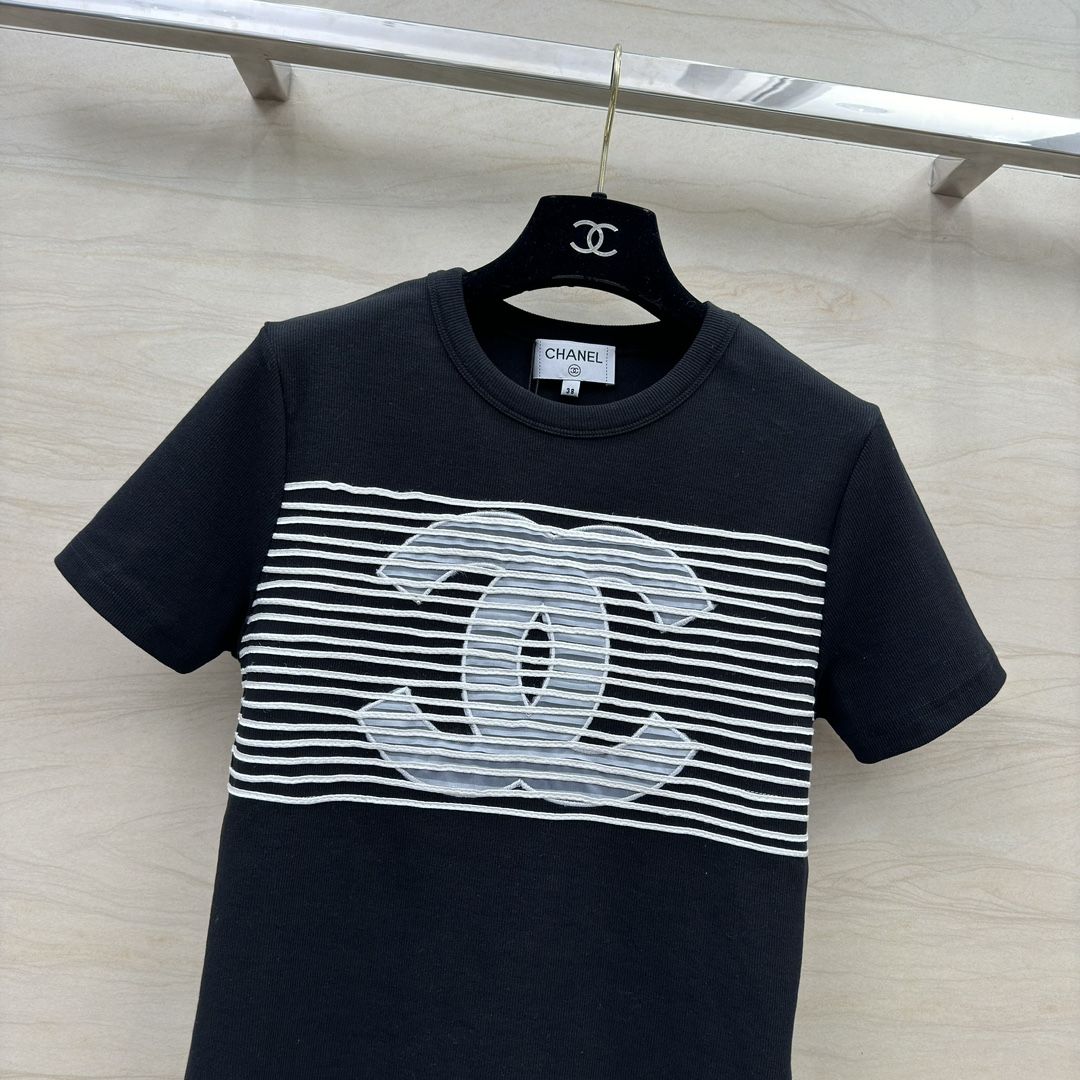 爆買い大得価 chanel メンズ t シャツコピー 半袖 トップス  純綿 柔らかい 縞 刺繍 シンプル ロゴプリント ブラック_2