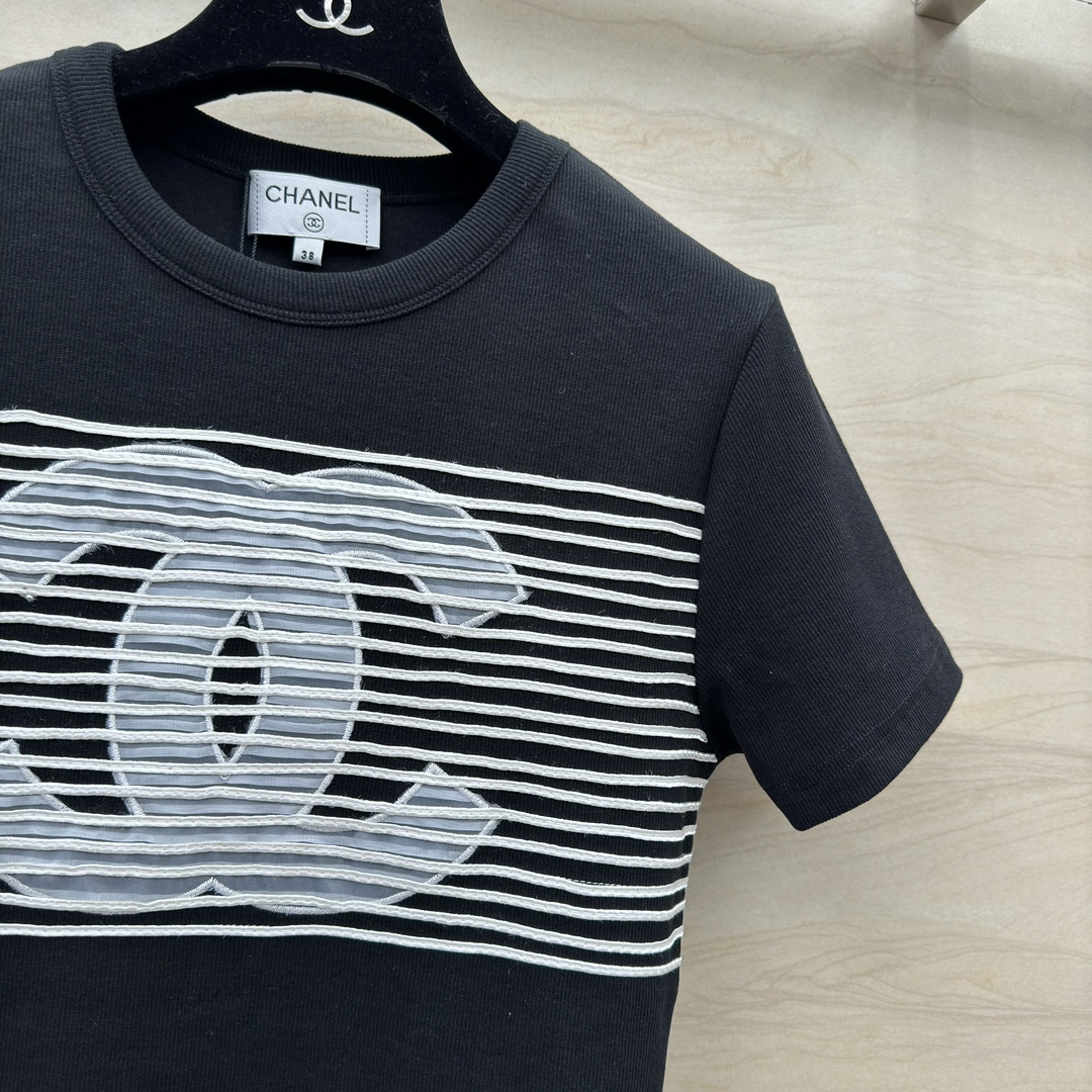 爆買い大得価 chanel メンズ t シャツコピー 半袖 トップス  純綿 柔らかい 縞 刺繍 シンプル ロゴプリント ブラック_4