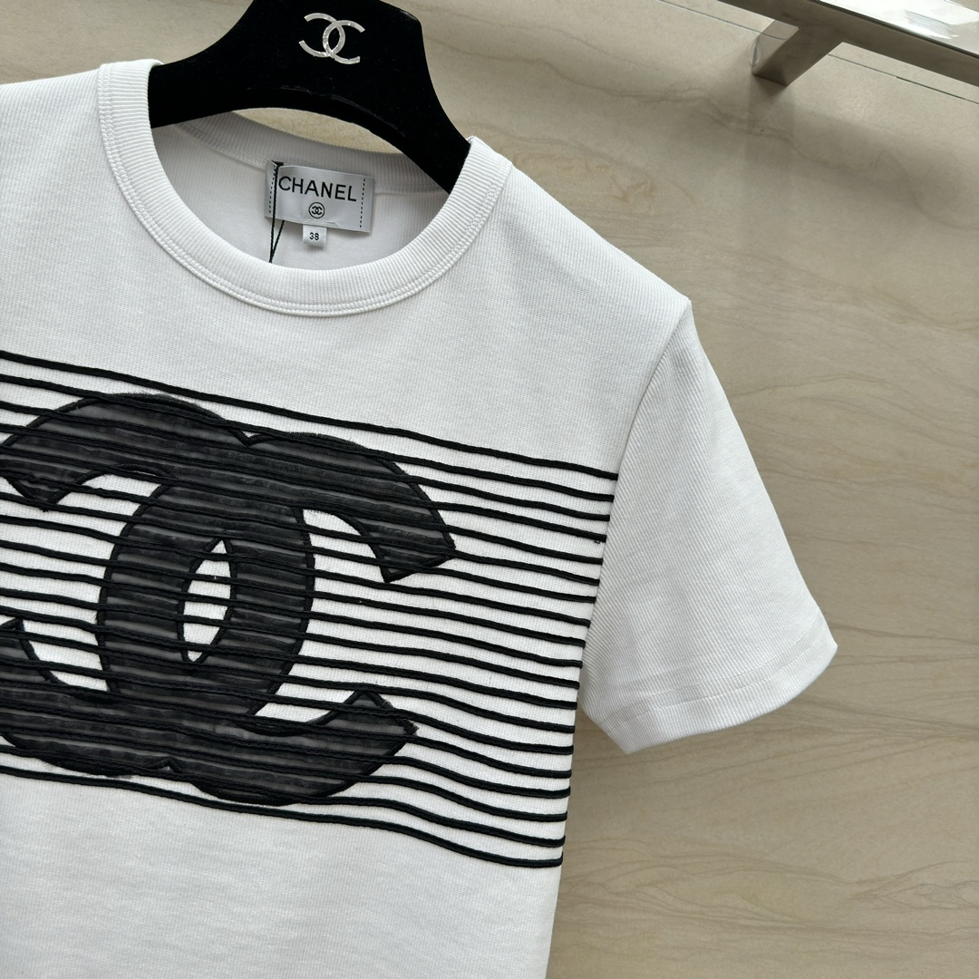 爆買い大得価 chanel レディース t シャツスーパーコピー 半袖 トップス  純綿 柔らかい 縞 刺繍 シンプル ロゴプリント ホワイト_5