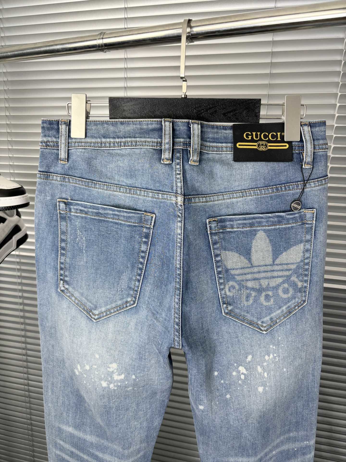 Adidas*gucciコラボ ズボン メンズ偽物 デニム素材 ジーンズ 通気性いい カジュアル パンツ 高品質 ブルー_4