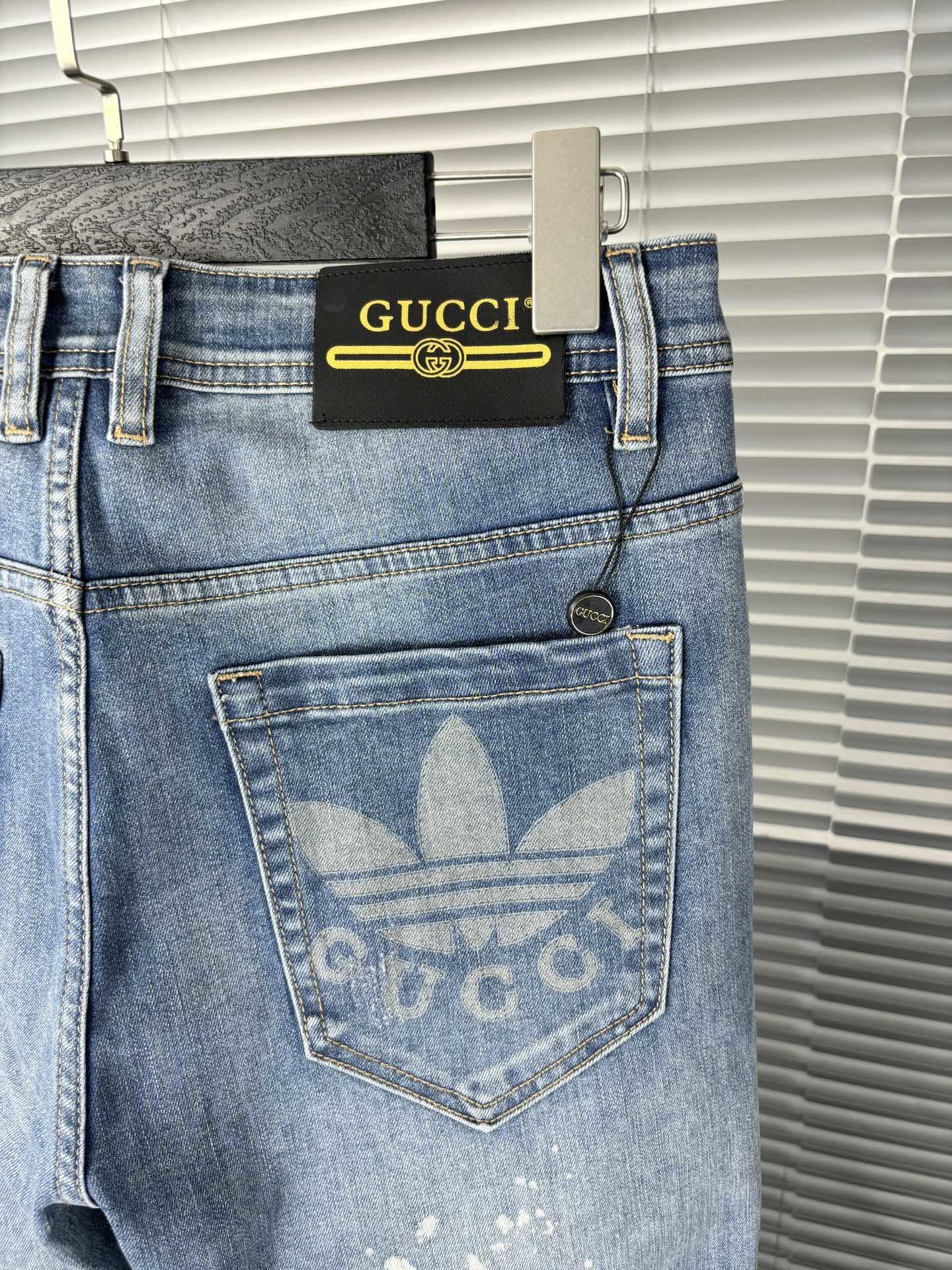 Adidas*gucciコラボ ズボン メンズ偽物 デニム素材 ジーンズ 通気性いい カジュアル パンツ 高品質 ブルー_7