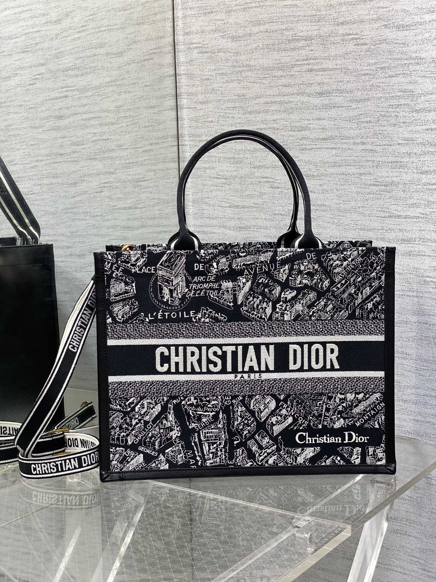 華やかなdior バッグコピー プリント ハンドバッグ 大容量 レザー トートバッグ 刺繡 ブラック_1